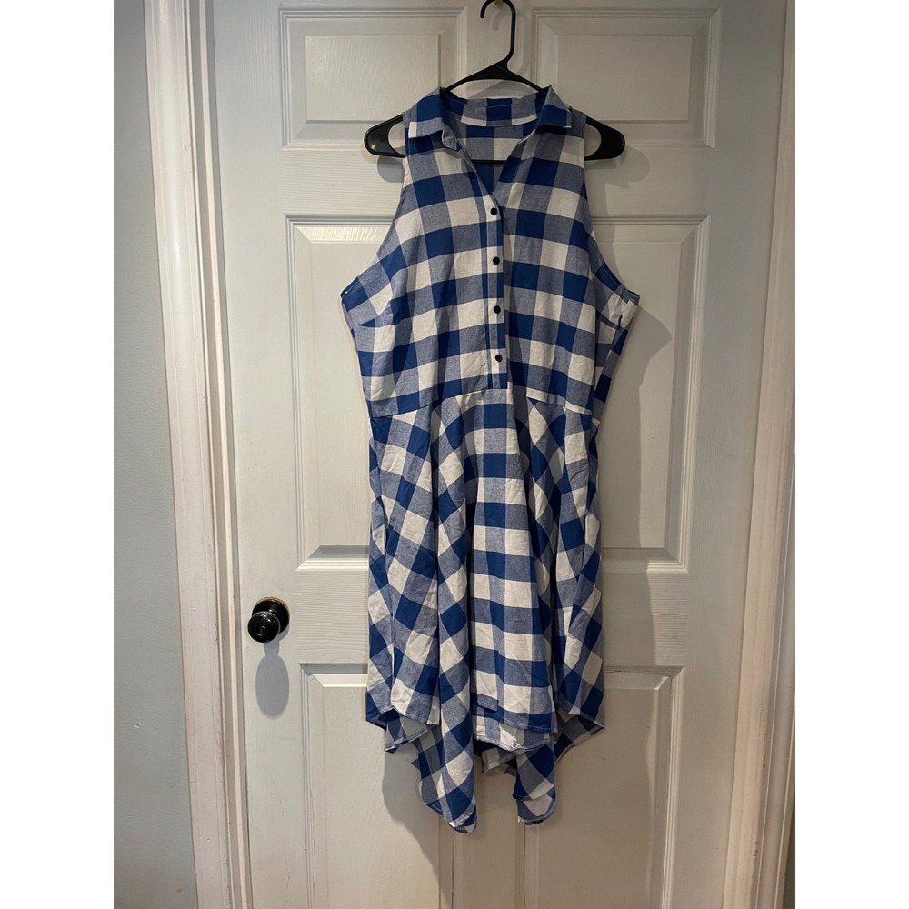 Blue Gingham Sleeveless Handkerchief Hem Shirt Dress with Pockets XXL
